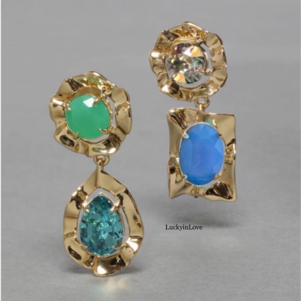 ALEXIS BITTAR• Gold Crystal Rainbow Blue Antiquities Mismatched Ruffled Earrings - Picture 1 of 10